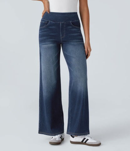 Jeans Donna Vita Alta Gamba Larga Elasticizzati Pull-On - Vesarelli