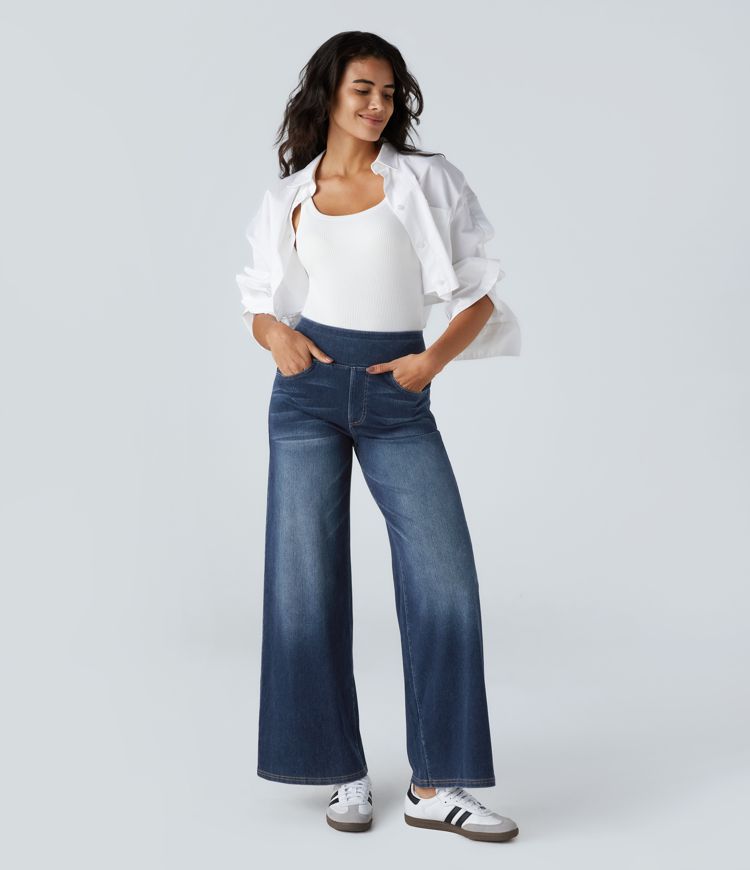 Jenny | Donna Jeans Gamba Larga Vita Alta Pull-On Elasticizzati 7