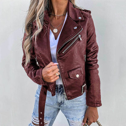 Giacca Biker Donna in Pelle Zip Asimmetrica Cintura - Vesarelli
