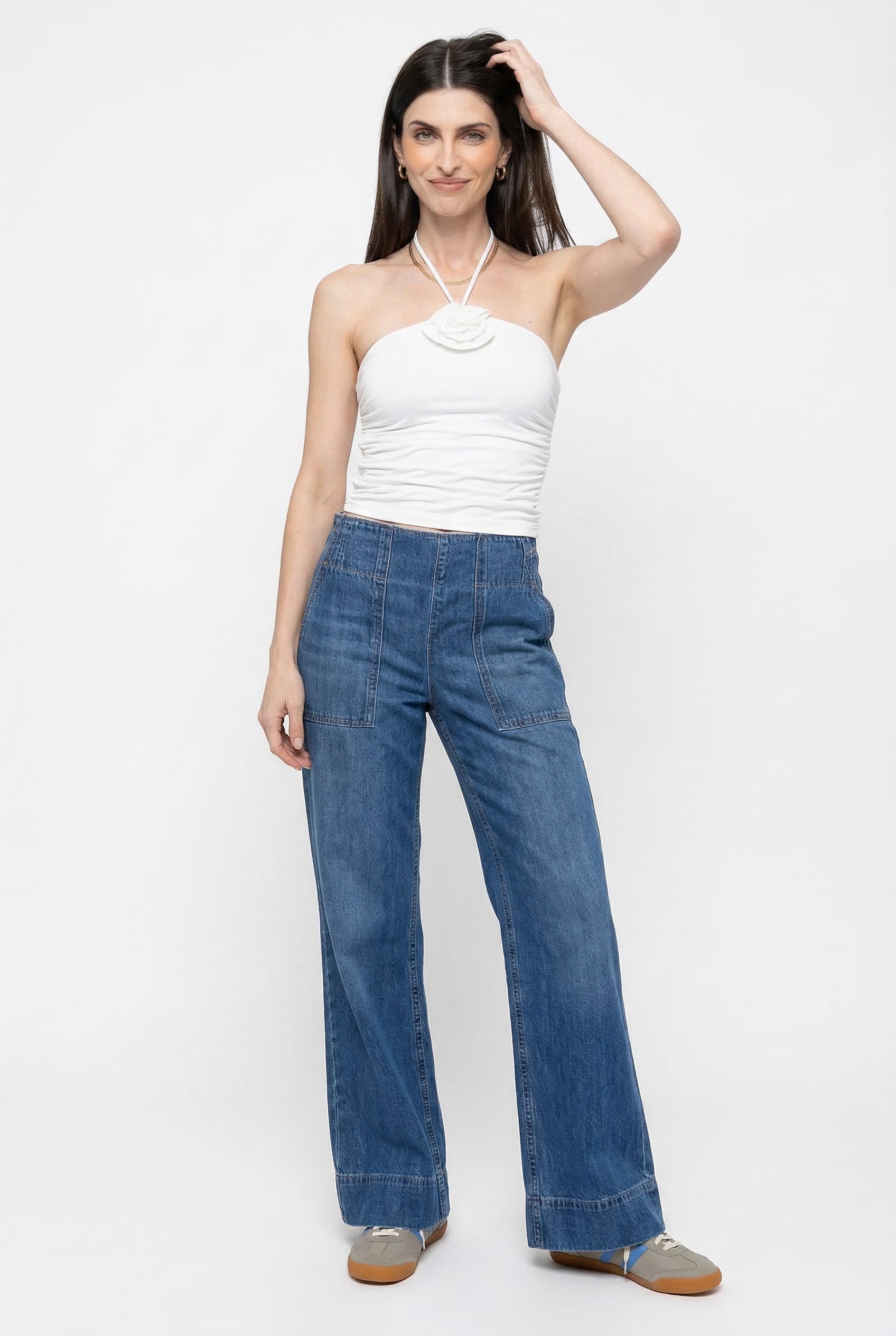 Jeans Donna Vita Alta Gamba Larga Tasche Applicate - Vesarelli