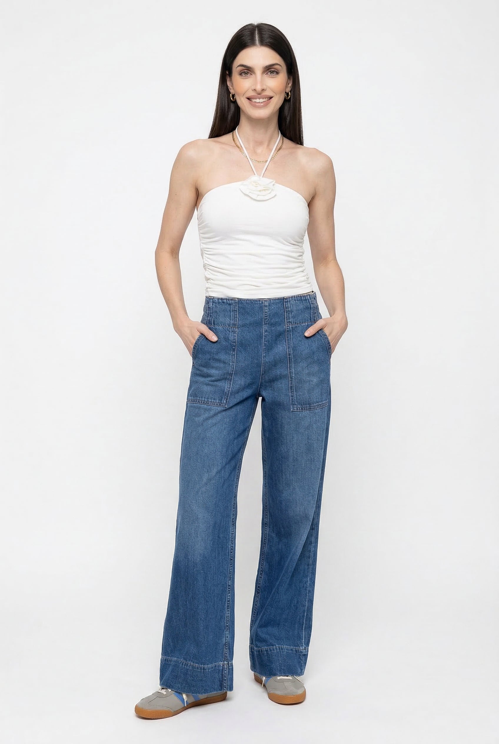 Julia | Donna Jeans a Gamba Larga Vita Alta Tasche Applicate 3