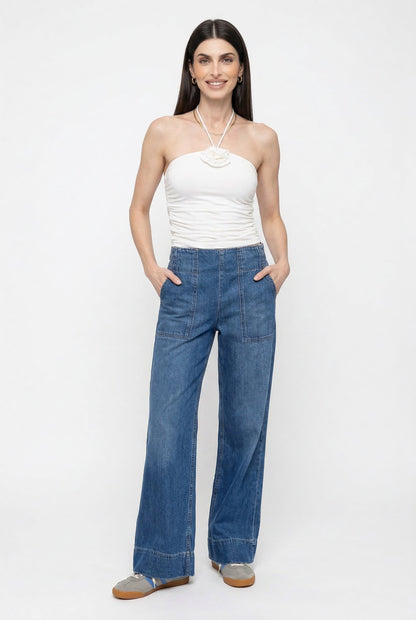 Julia | Donna Jeans a Gamba Larga Vita Alta Tasche Applicate 3