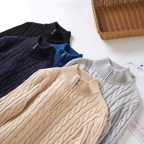 Maglione Uomo Mezza Zip Collo Alto con Polsini a Costine