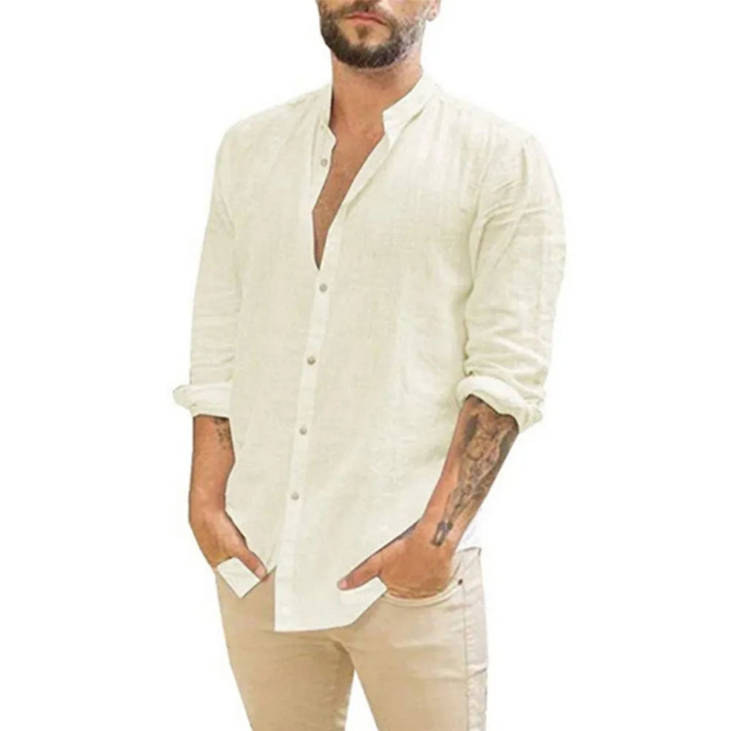 Camicia Uomo Lino Manica Lunga Colletto alla Coreana - Brentozzi