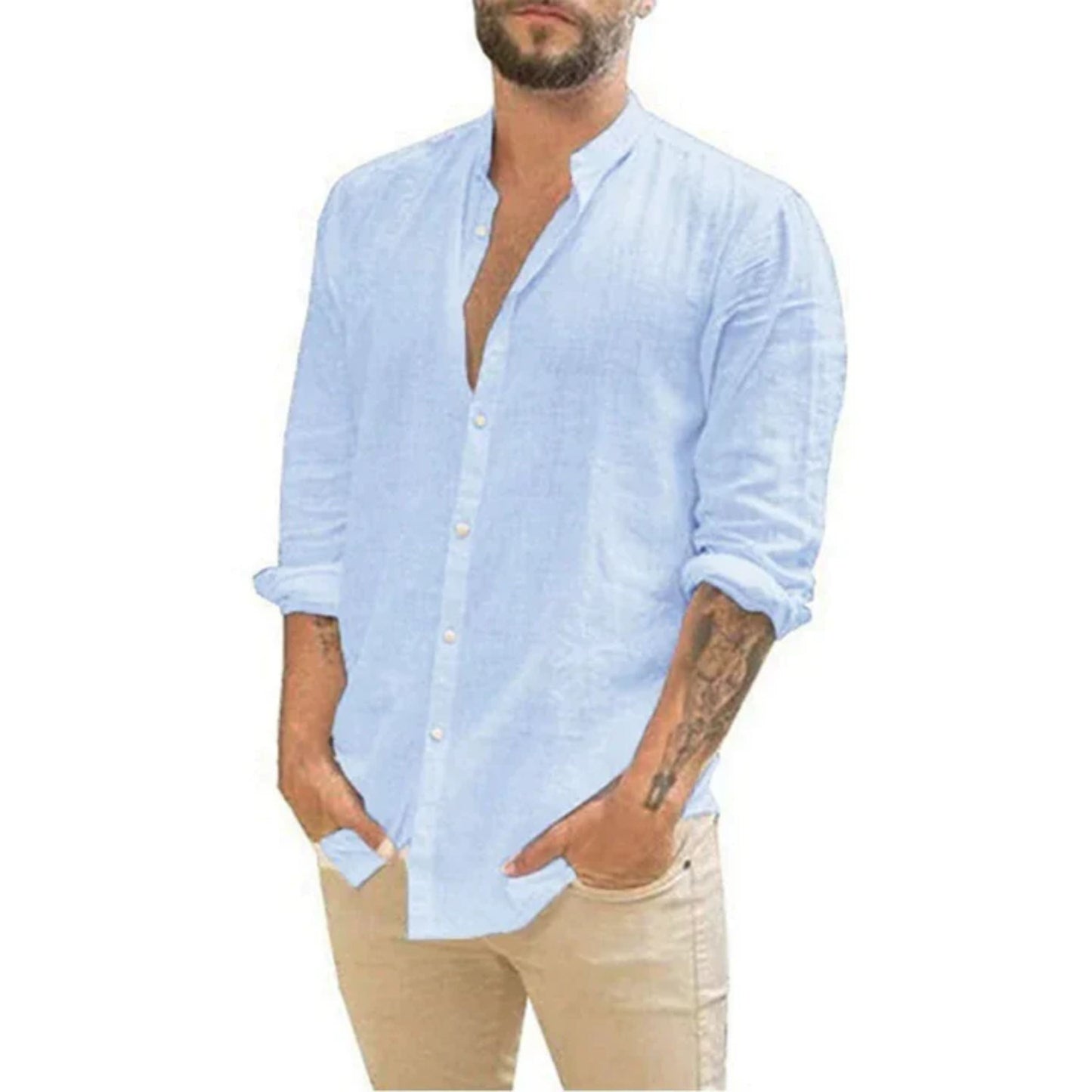 Camicia Uomo Lino Manica Lunga Colletto alla Coreana