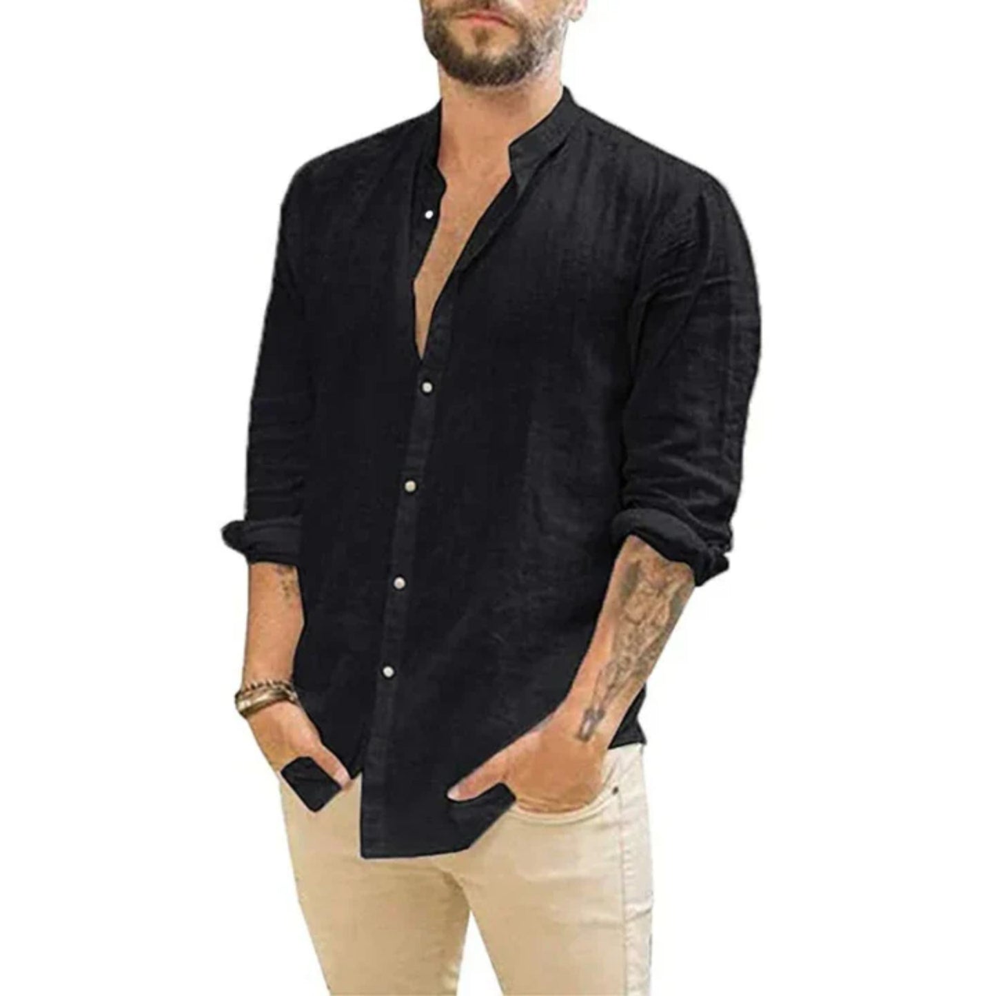 Camicia Uomo Lino Manica Lunga Colletto alla Coreana
