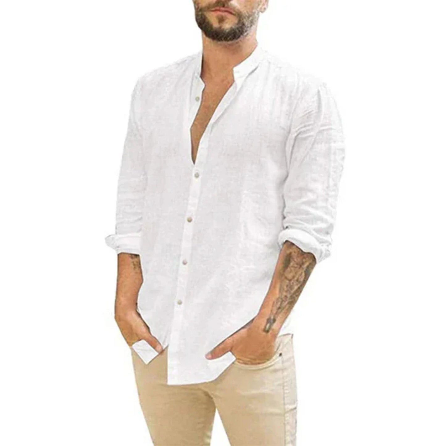 Camicia Uomo Lino Manica Lunga Colletto alla Coreana