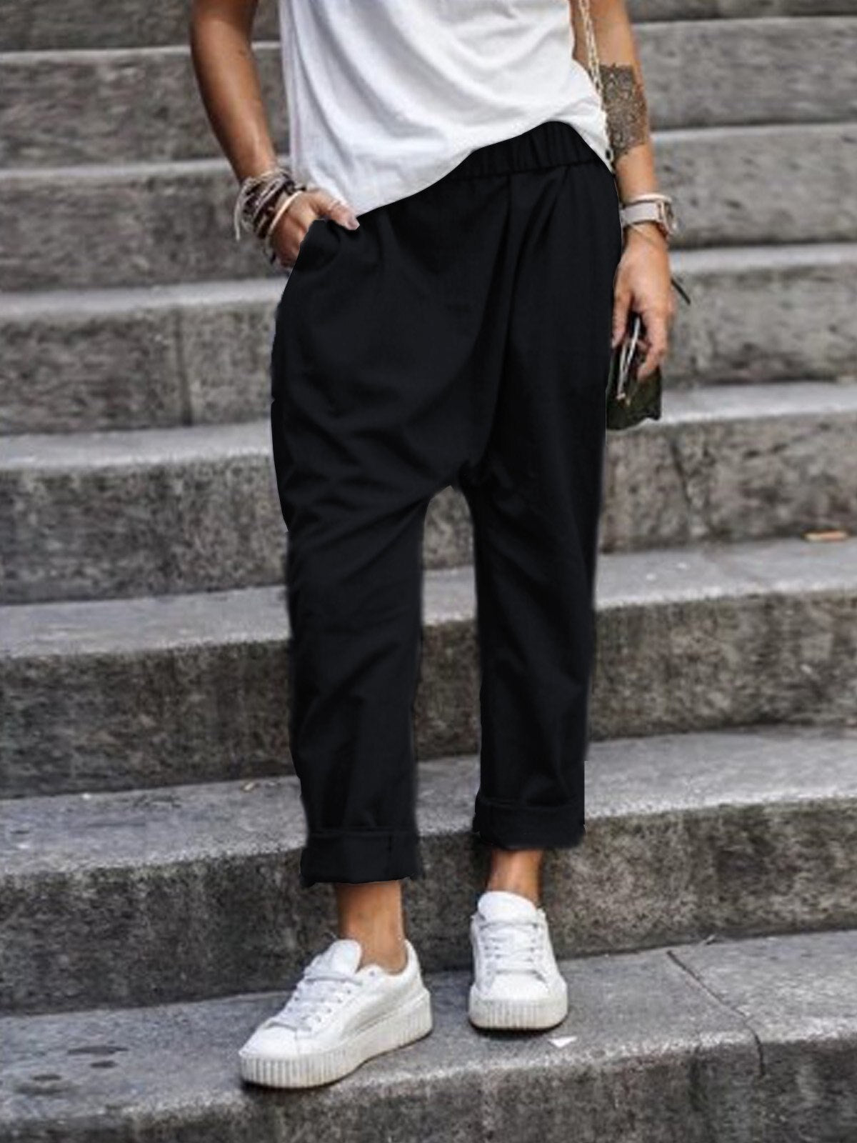 Pantaloni Donna Baggy Vita Elastica Vestibilità Ampia - Brentozzi
