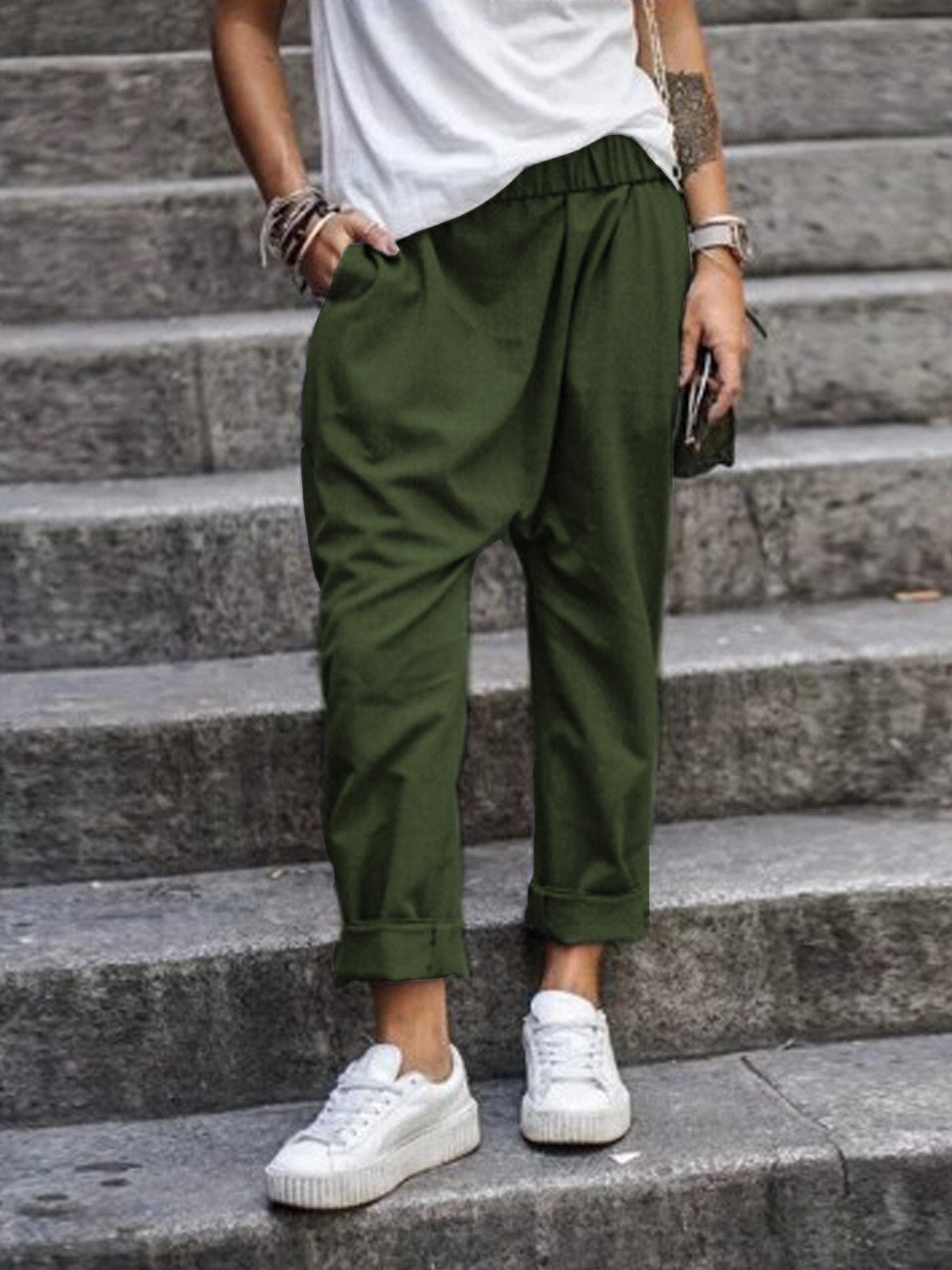 Pantaloni Donna Baggy Vita Elastica Vestibilità Ampia