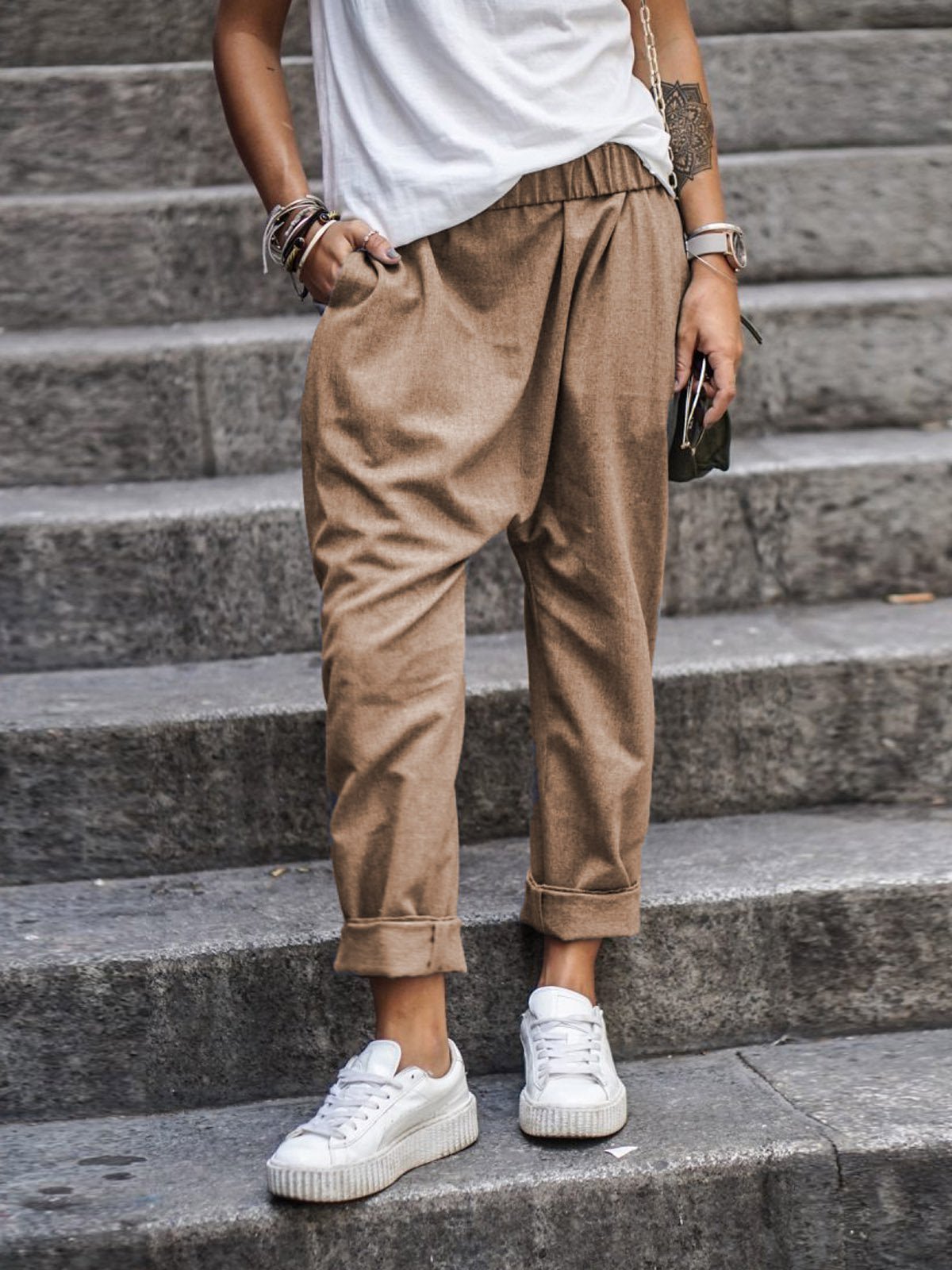 Pantaloni Donna Baggy Vita Elastica Vestibilità Ampia
