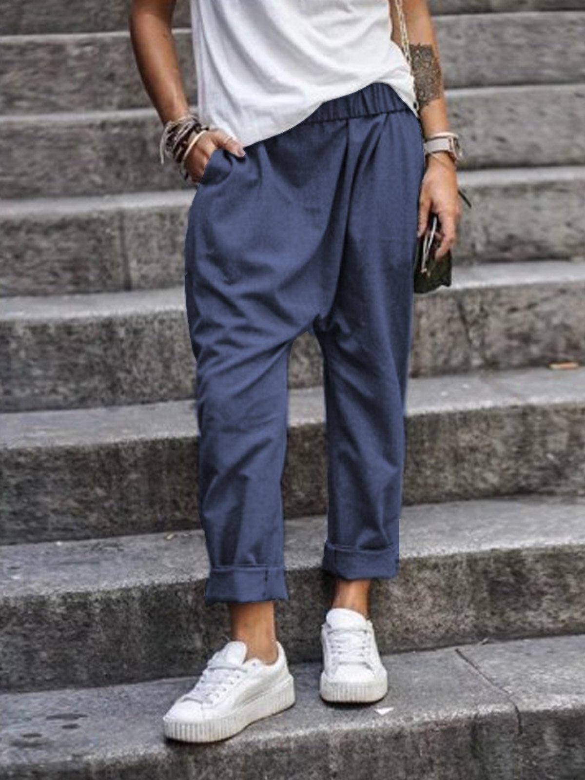 Pantaloni Donna Baggy Vita Elastica Vestibilità Ampia