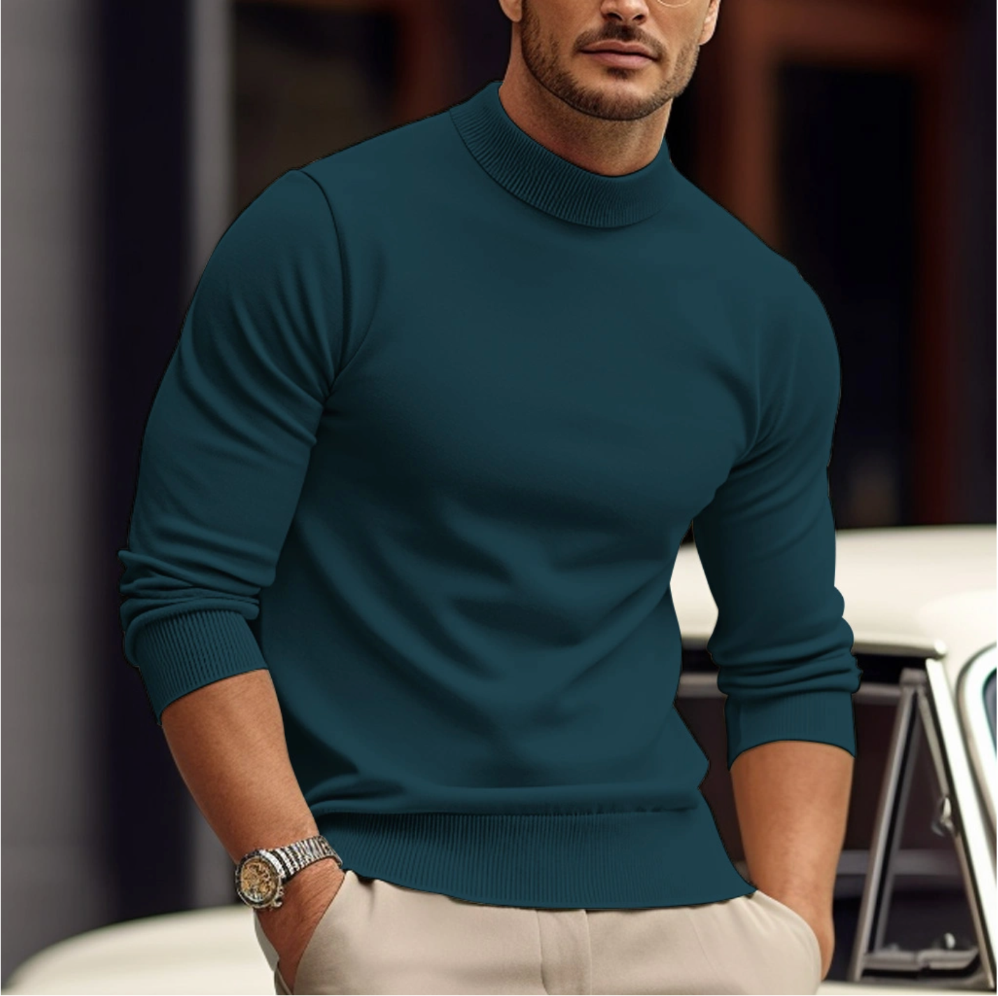 Maglione Uomo Dolcevita Manica Lunga Vestibilità Slim