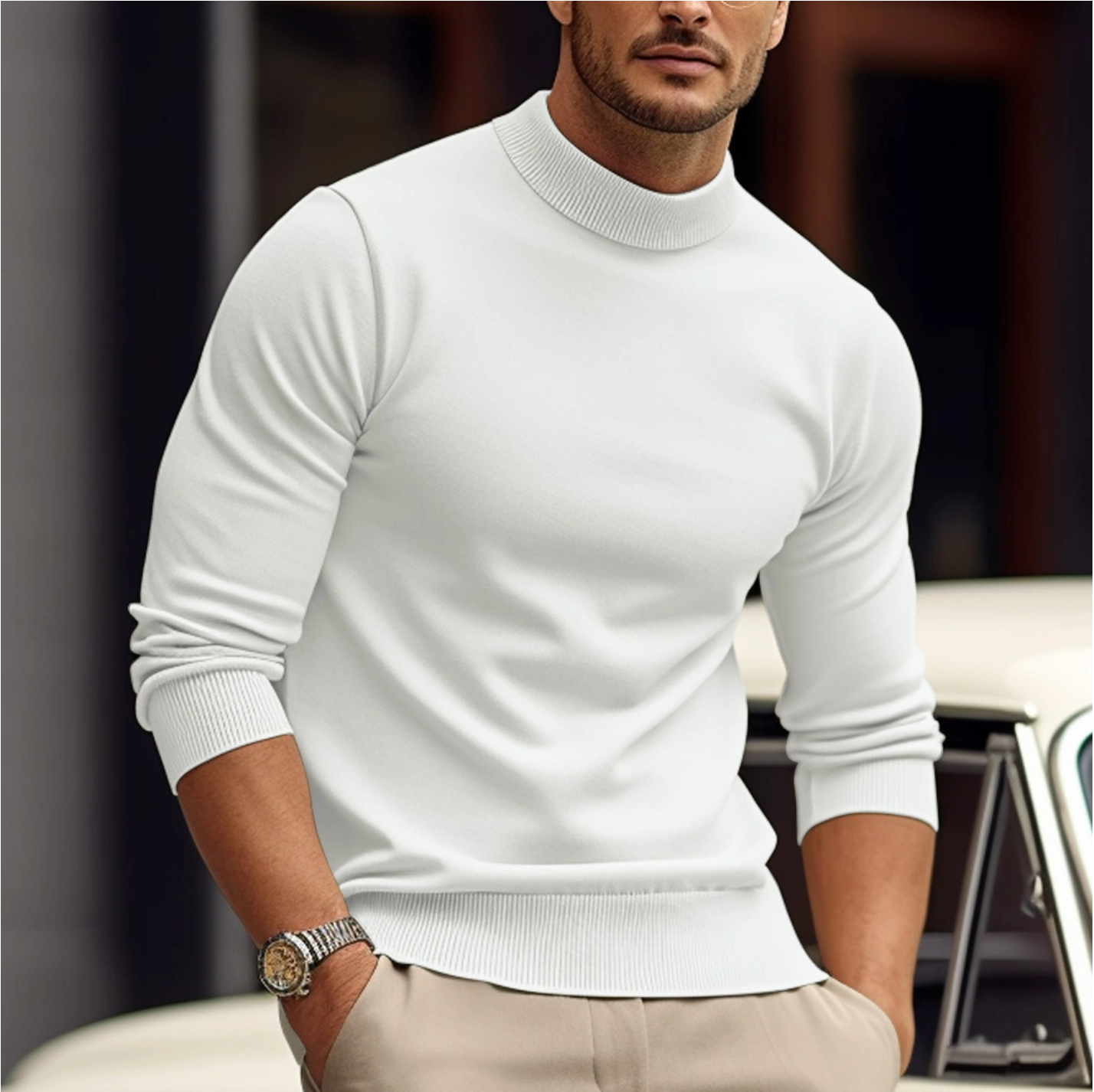 Maglione Uomo Dolcevita Manica Lunga Vestibilità Slim