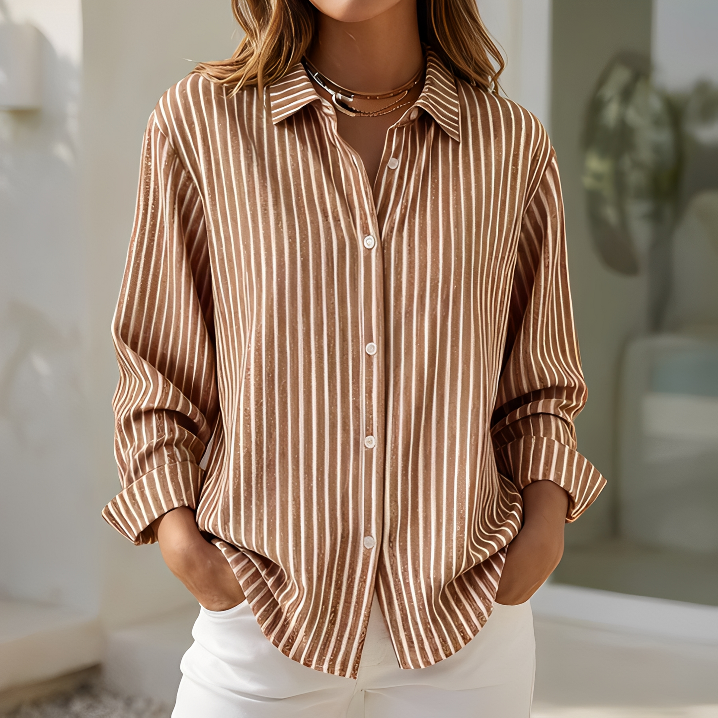 Blusa Donna in Tessuto Leggero a Righe Vestibilità Larga
