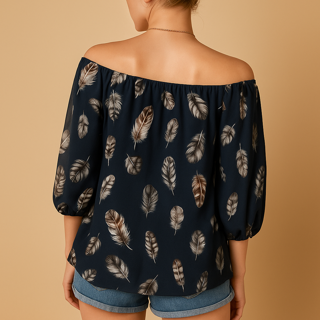 Loïs | Blusa leggera con stampa di piume e scollo a V per donna 3
