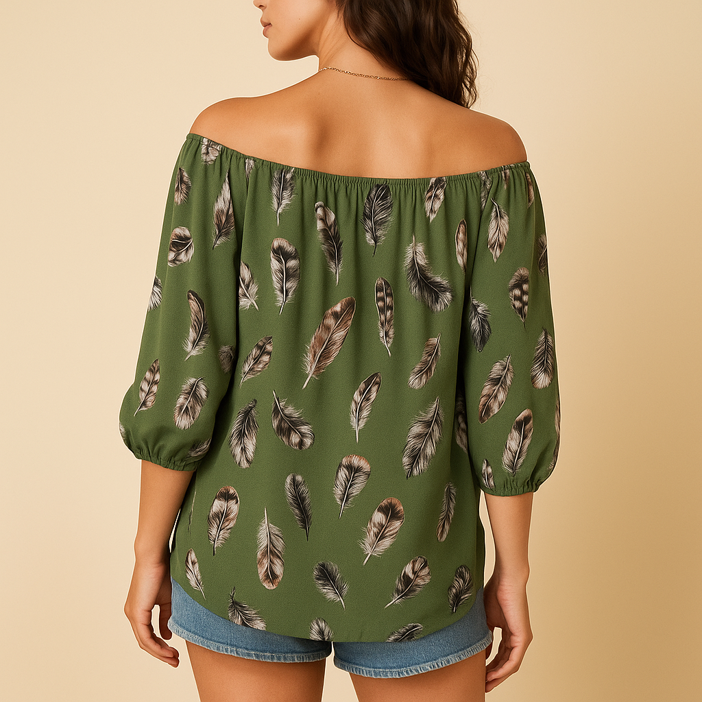 Loïs | Blusa leggera con stampa di piume e scollo a V per donna 4