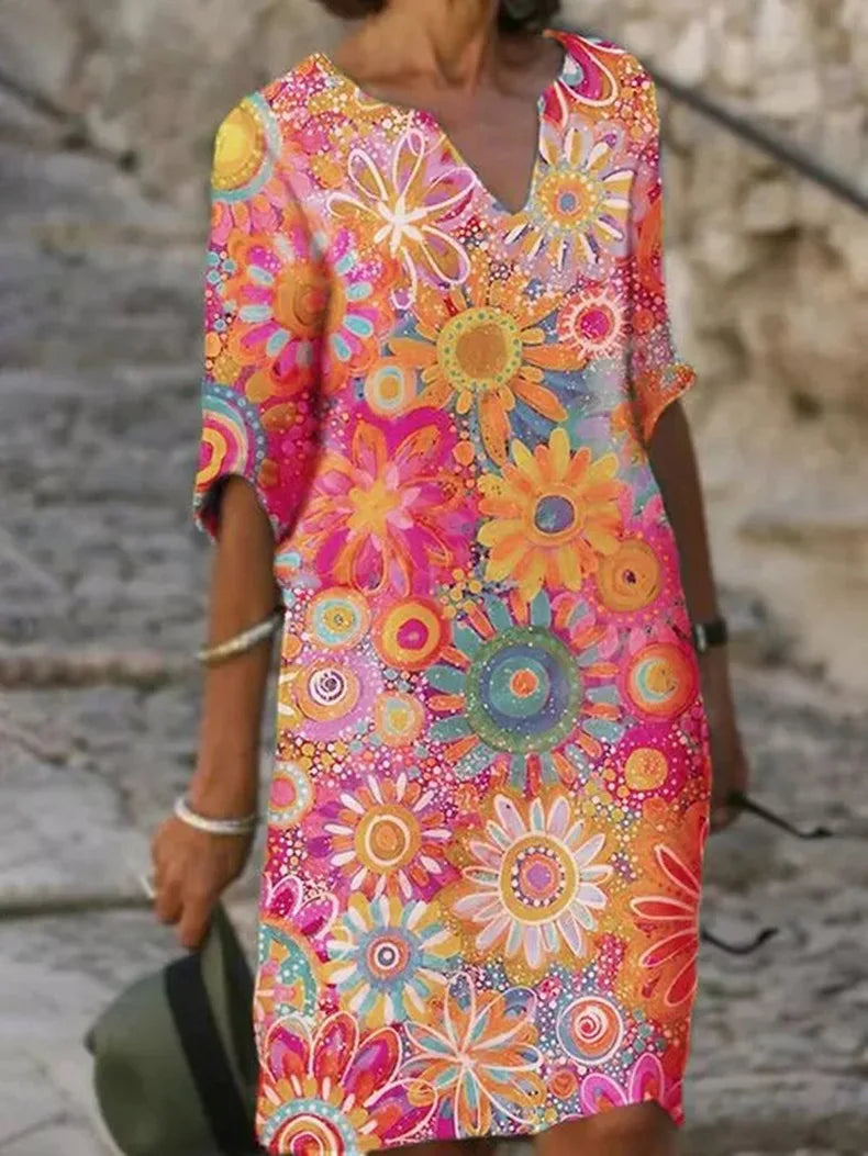 Abito Mini Donna Scollo a V Stampa Floreale Estivo