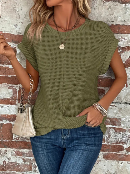 Maglietta Donna Casual con Torsione Frontale e Maniche Arrotolate, Stile Estivo Elegante e Comodo 3