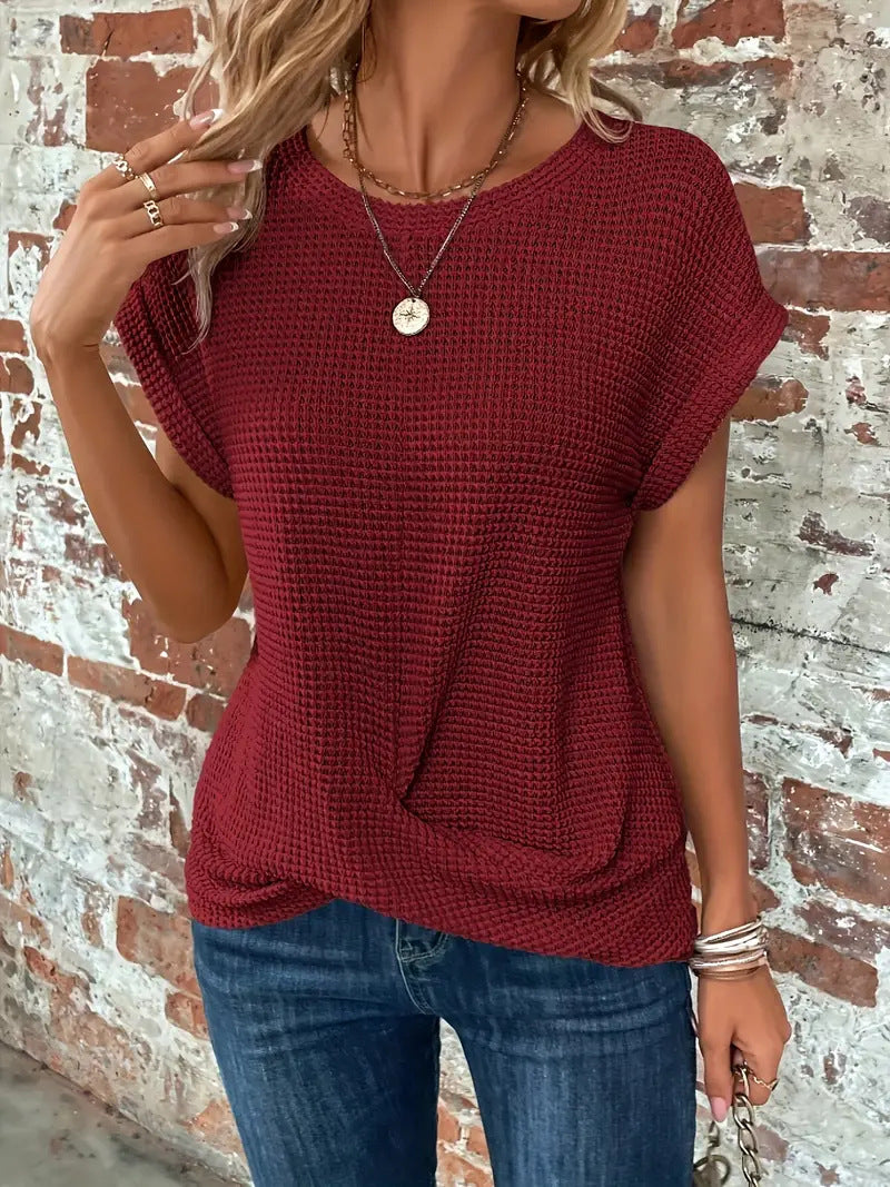 Maglietta Donna Casual con Torsione Frontale e Maniche Arrotolate, Stile Estivo Elegante e Comodo 5