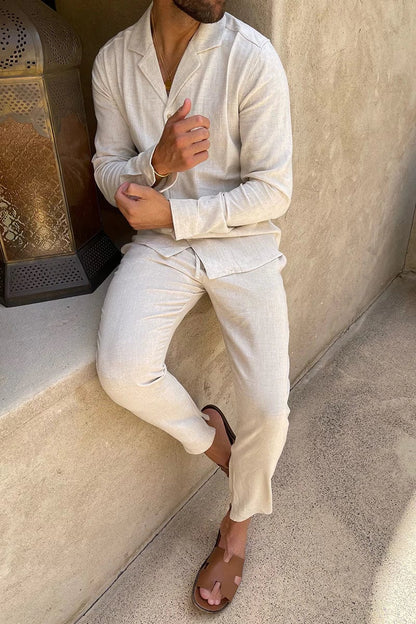 Completo Uomo Estivo Lino Camicia e Pantaloni Stile Resort Relax