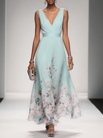 Maxi Abito Estivo Donna Scollo a V Stampa Floreale Elegante A-Line 3