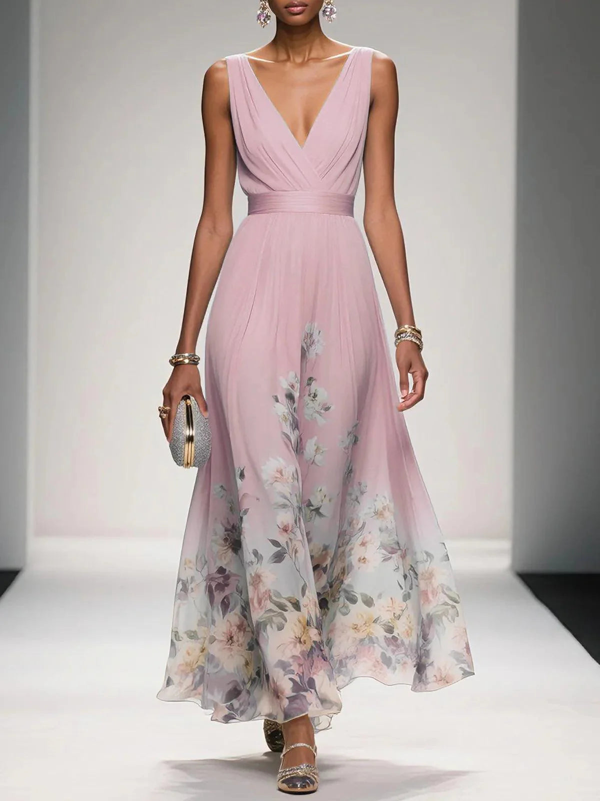 Maxi Abito Estivo Donna Scollo a V Stampa Floreale Elegante A-Line 4