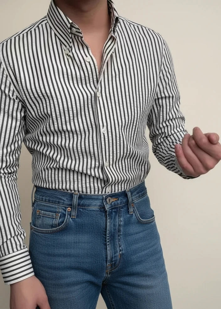 Camicia Uomo Casual Cotone Righe Bottoni Frontali