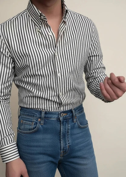 Camicia Uomo Casual Cotone Righe Bottoni Frontali