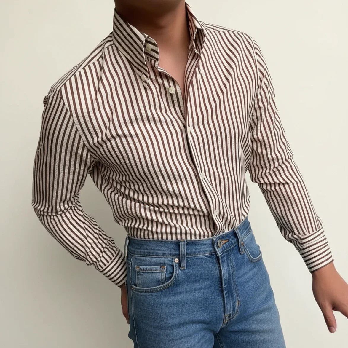 Camicia Uomo Casual Cotone Righe Bottoni Frontali