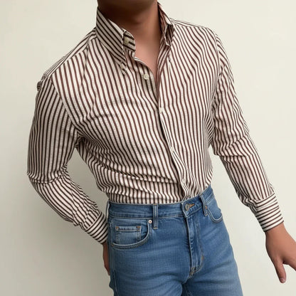 Camicia Uomo Casual Cotone Righe Bottoni Frontali