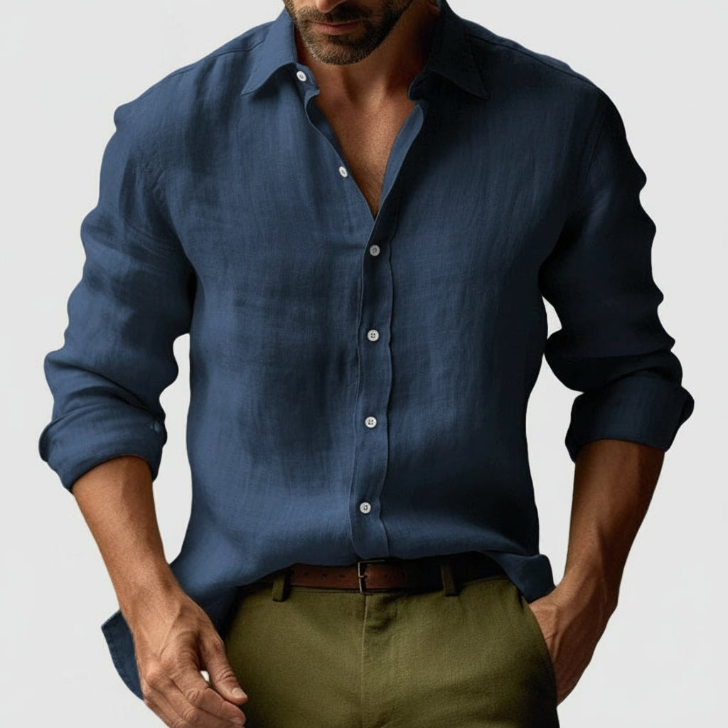 Camicia Uomo Lino Manica Lunga Casual con Bottoni