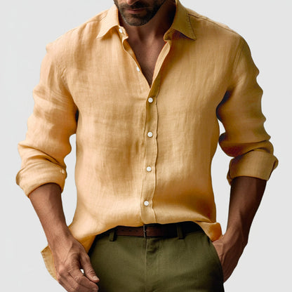 Camicia Uomo Lino Manica Lunga Casual con Bottoni