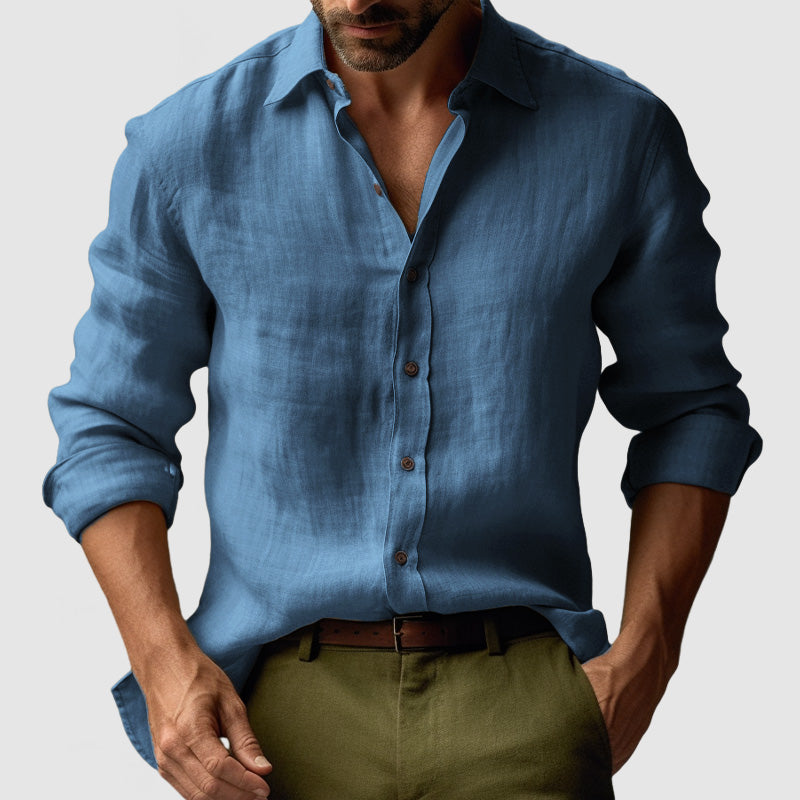Camicia Uomo Lino Manica Lunga Casual con Bottoni