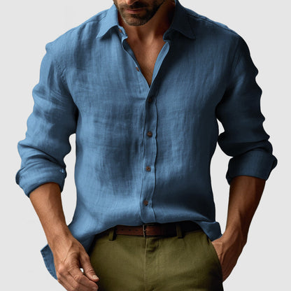 Camicia Uomo Lino Manica Lunga Casual con Bottoni