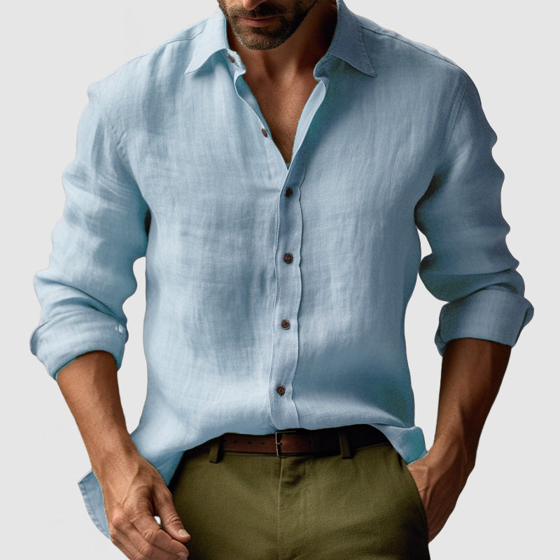 Camicia Uomo Lino Manica Lunga Casual con Bottoni
