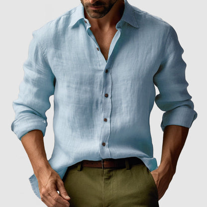 Camicia Uomo Lino Manica Lunga Casual con Bottoni
