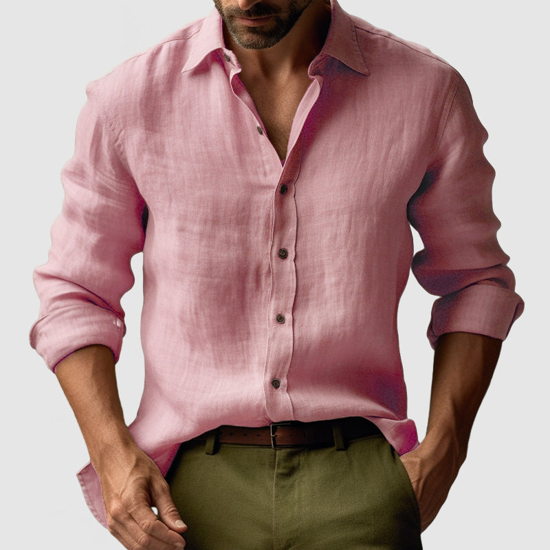 Camicia Uomo Lino Manica Lunga Casual con Bottoni