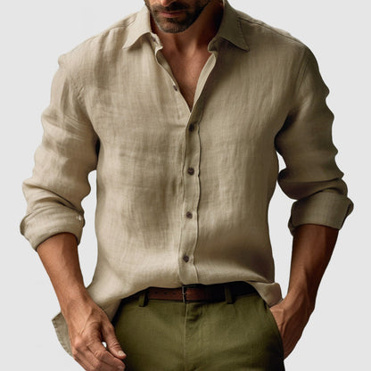 Camicia Uomo Lino Manica Lunga Casual con Bottoni