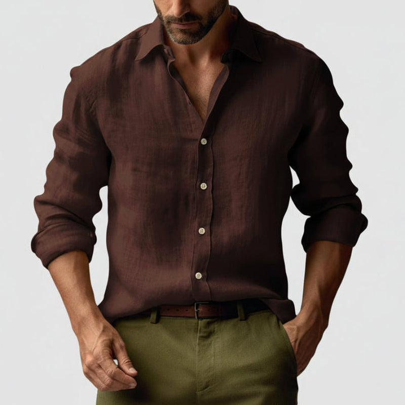 Camicia Uomo Lino Manica Lunga Casual con Bottoni
