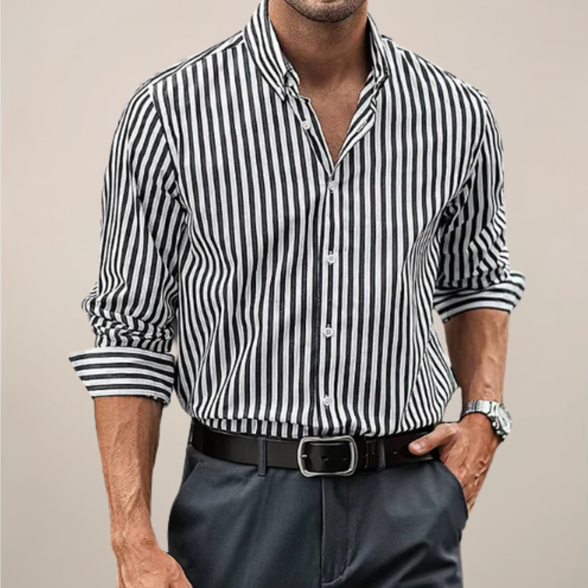 Camicia Uomo Casual A Righe Manica Lunga
