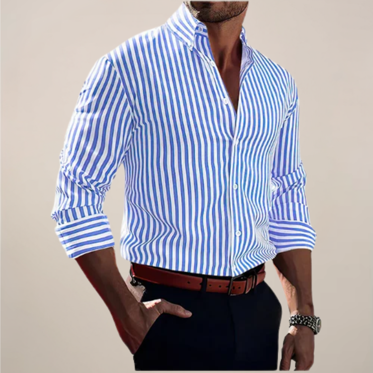 Camicia Uomo Casual A Righe Manica Lunga