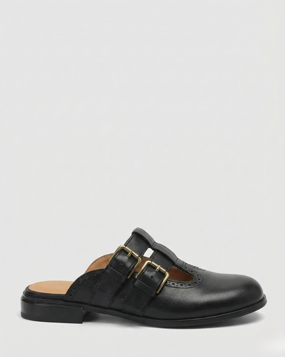 Mia | Donna Mule Piatte Pelle Doppia Fibbia Dettaglio Brogue 2