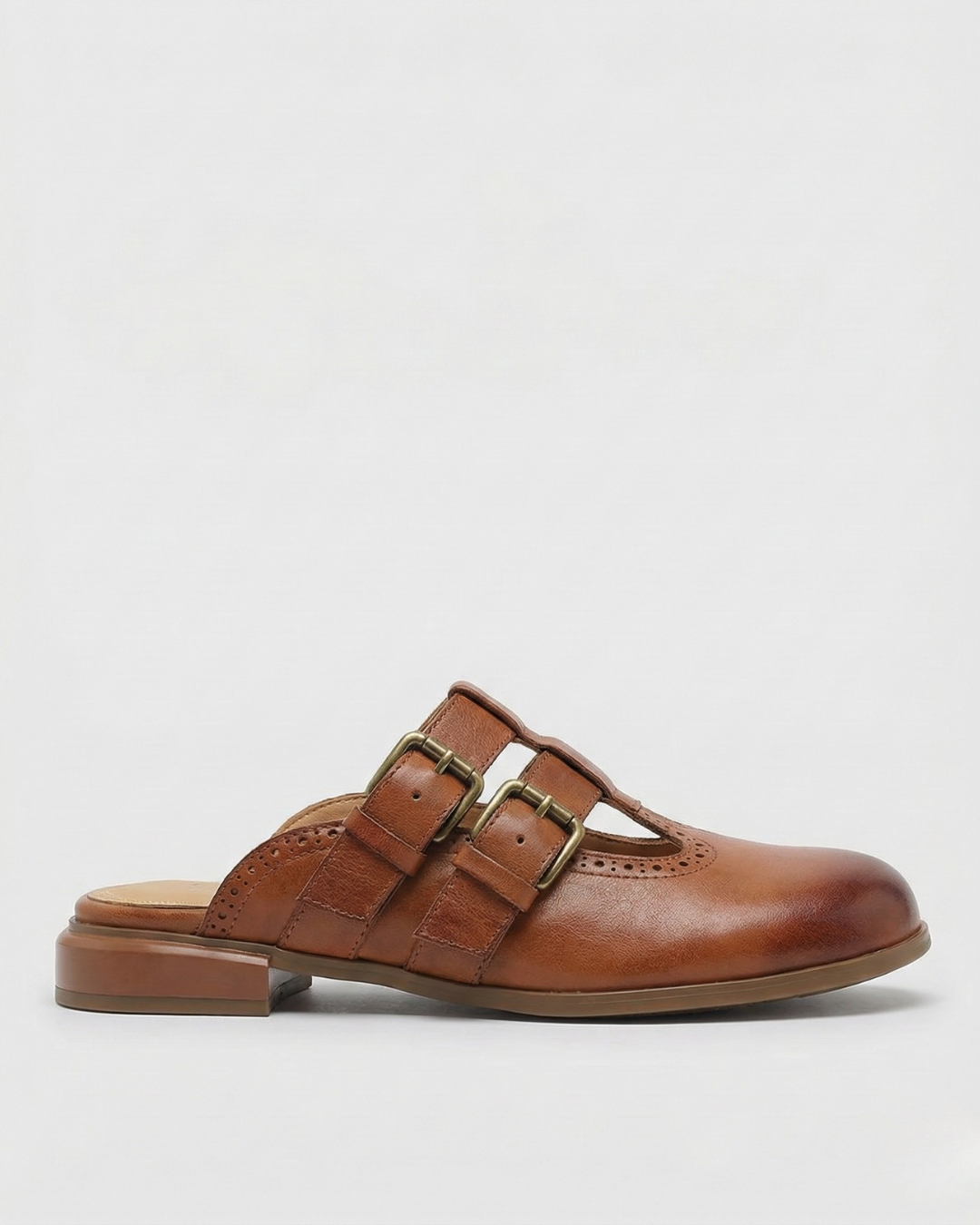 Mia | Donna Mule Piatte Pelle Doppia Fibbia Dettaglio Brogue 3