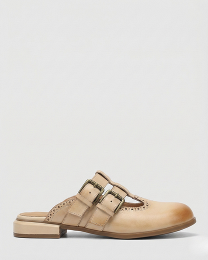 Mia | Donna Mule Piatte Pelle Doppia Fibbia Dettaglio Brogue 4