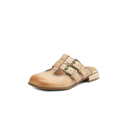 Mia | Donna Mule Piatte Pelle Doppia Fibbia Dettaglio Brogue 7