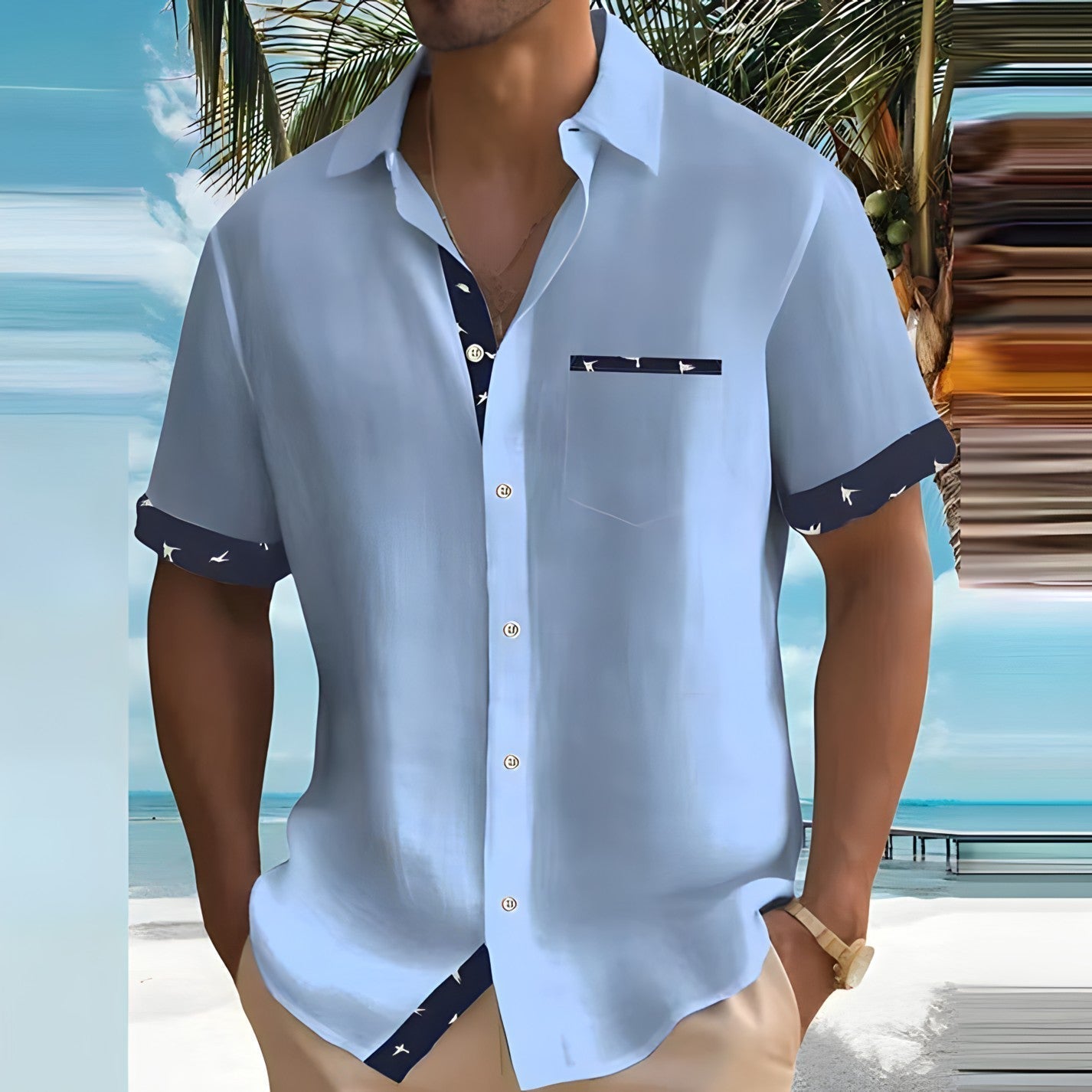 Camicia Uomo Manica Corta con Inserti a Contrasto