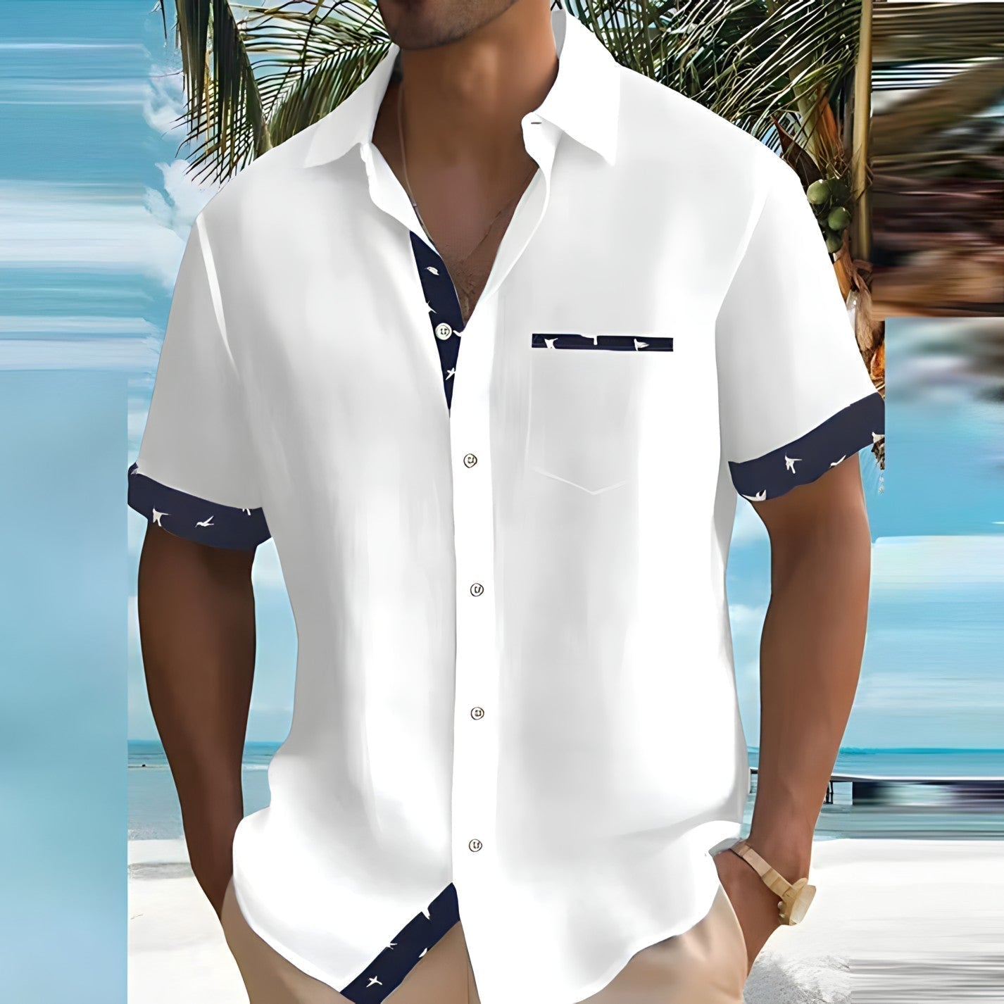 Camicia Uomo Manica Corta con Inserti a Contrasto