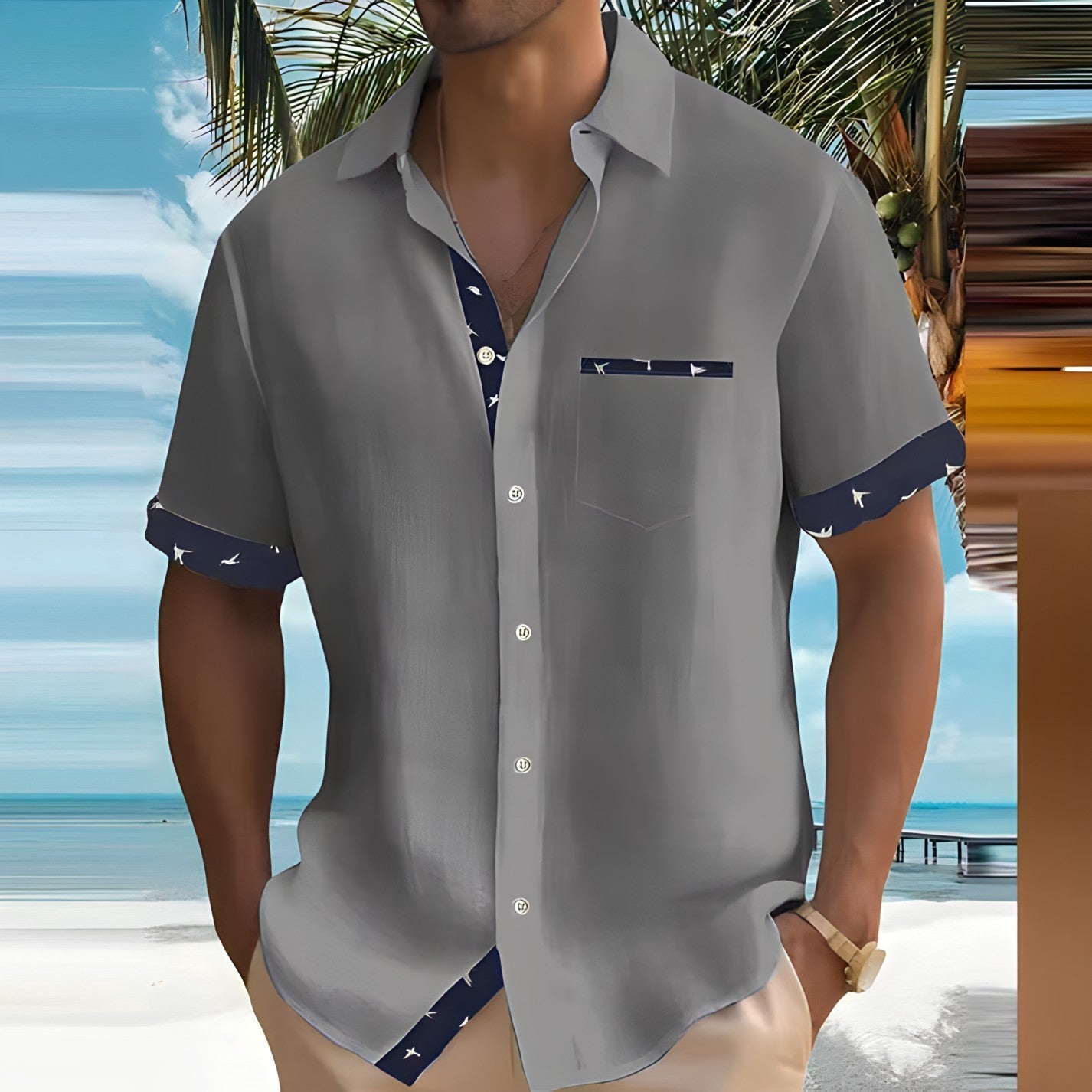 Camicia Uomo Manica Corta con Inserti a Contrasto