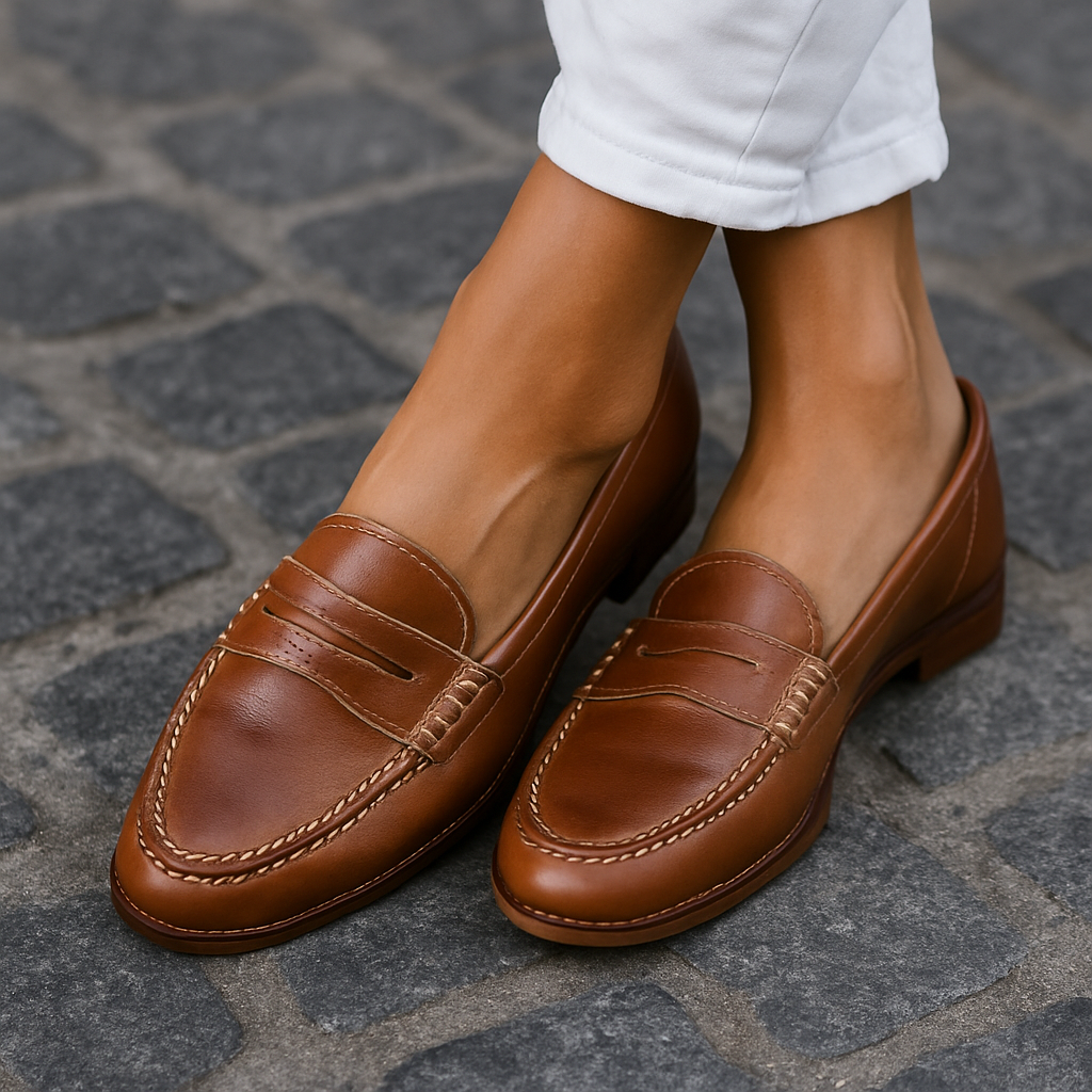Mocassini Donna in Pelle Cuoio Eleganti Penny Loafer Piatti - Vesarelli