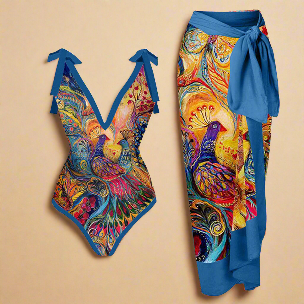 Set Spiaggia Donna Tessuto Leggero Motivo Floreale e Uccelli - Vesarelli